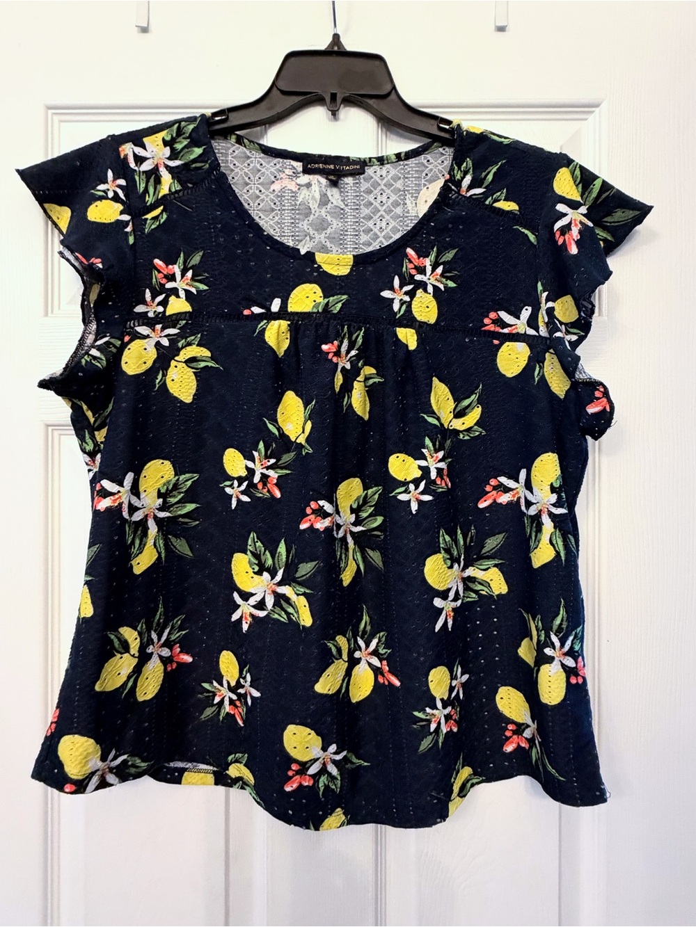 Adrienne Vittadini Navy Lemon Print Flutter Sleeve Blouse